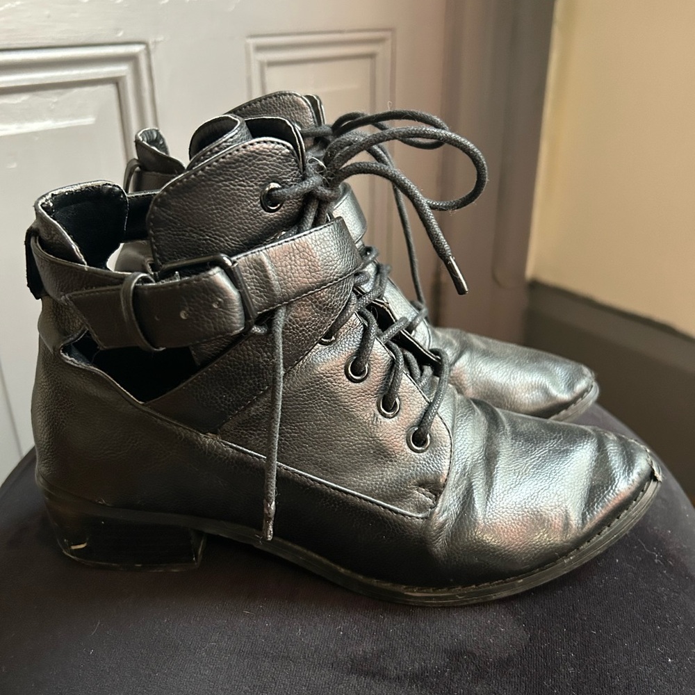 Deena & Ozzy black cut out lace up ankle boots